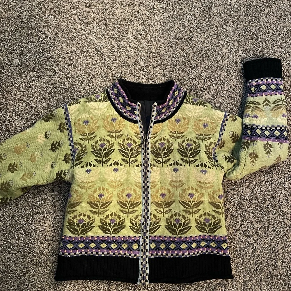 Vintage Icelandic Designs Wool Jacket Green Purple Floral Cottagecore Whimsey‎